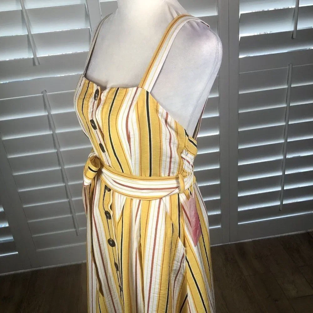 NEW Fashion On Earth Yellow Striped Sundress Small Backless Button Front Summer